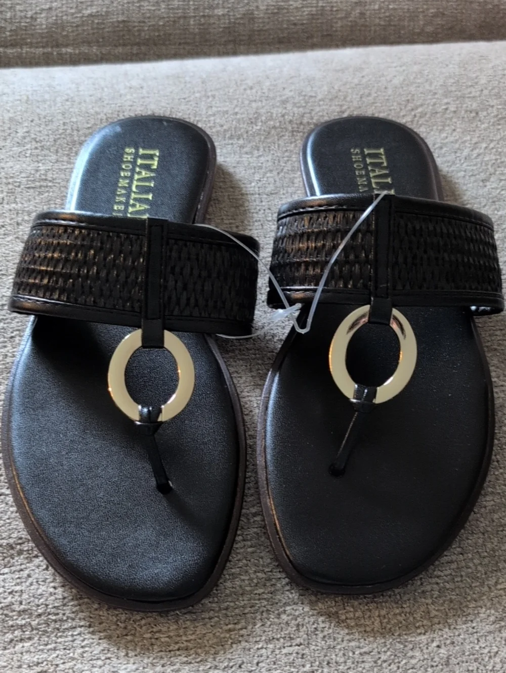Italian Shoemakers Black Woven Thong Sandals with Gold Ring Brand New
